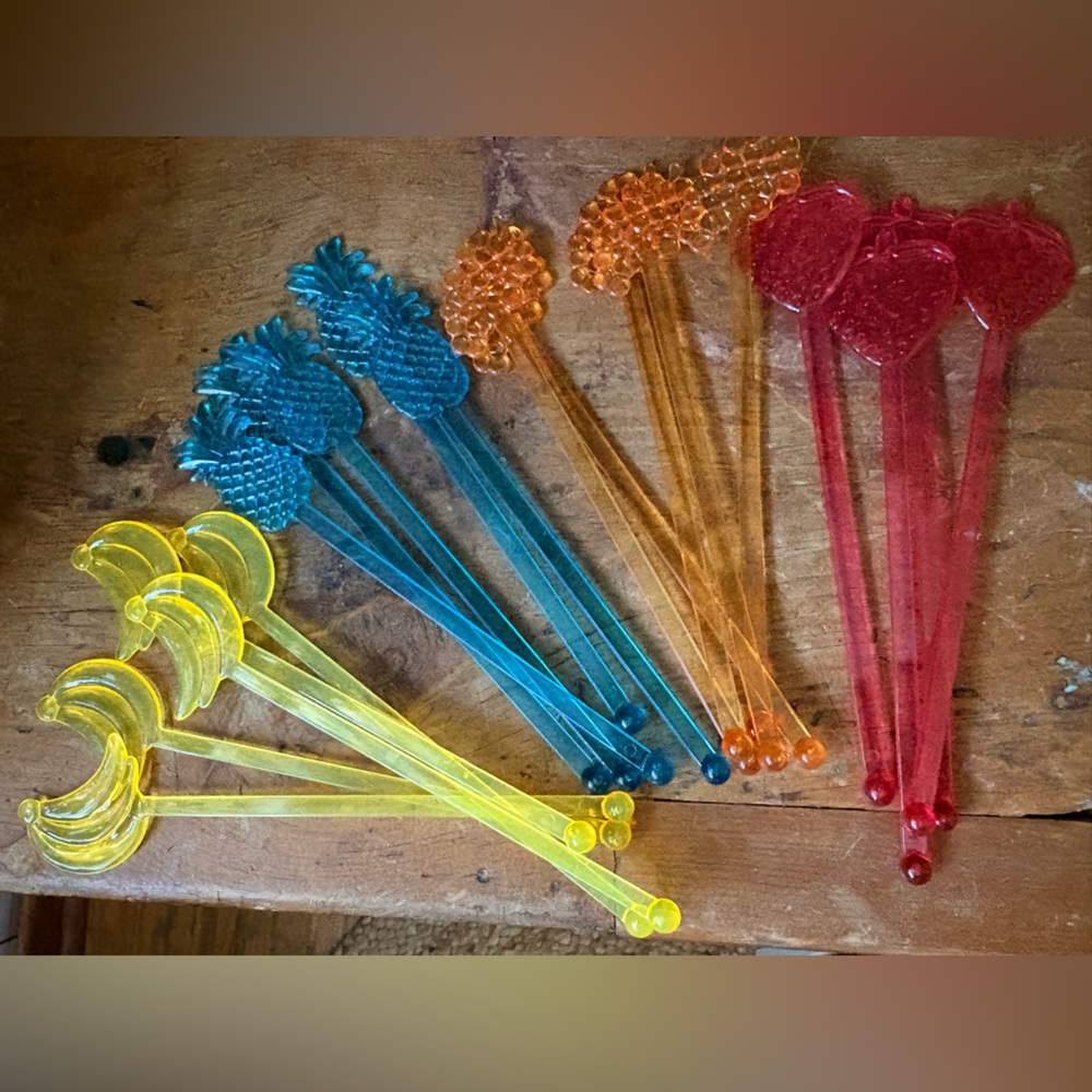 Vintage Colourful Pineapple & Fruit Cocktail Picks - Yellow, Blue, Orange, Red